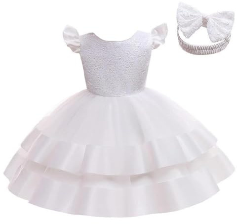 Lito Angels Vestito Damigella Abito da Festa Cerimonia Natale Elegante con Fascia per Bimba Taglia 9-12 Mesi, Bianco