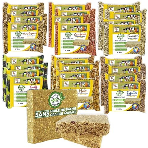 x 24 Repas de Graisse 100% Végétale - 6 Saveurs variées - Alimentation Complète pour Oiseaux Toutes Saisons - 24 unités - 300gr = 7.2kg -Nourriture complète pour Oiseaux du Ciel-écoresponsable