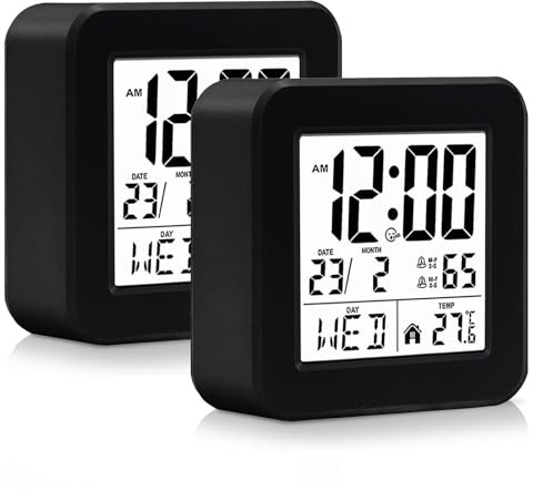 Lot de 2 réveils radio-pilotés numériques radio-pilotés avec affichage de la température, horloge radio-pilotée, petit réveil de voyage numérique avec batterie, fonction snooze, pour salon, bureau