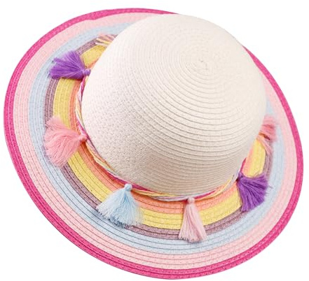 PinkSheep solhatt för flickor, söt sommar halmstrandhatt med brett brätte, UPF 50+, Regnbåge med tofs, 4-6 År