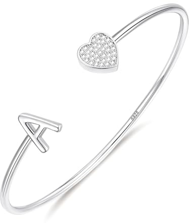 Cheria Silver Initial Bracelet for Women, Sterling Silver Cuff Bangle Bracelets Heart Personalized Jewellery Birthday Gifts for Girls Mum Daughter, A