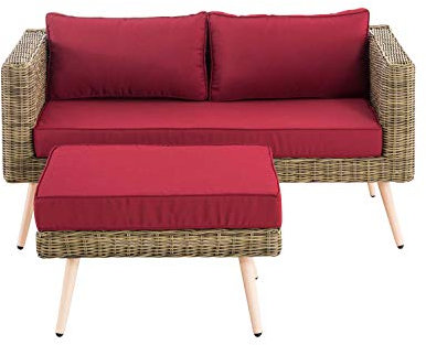 CLP Polyrattan 2er Sofa MOLDE mit Fußhocker I Natura I Loungeset Rundrattan I Gartensofa mit Hocker I 5mm Rattandicke, Farbe:rubinrot, Sitzhöhe/Farbe:40 cm (Lightbrown)