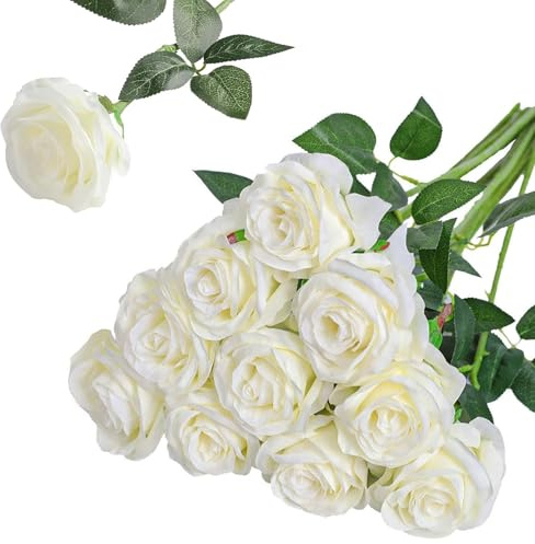 Nubry Artificial Silk Rose Flower Bouquet Lifelike White Fake Rose for Wedding Home Party Decoration Event Gift 10pcs (Off White)