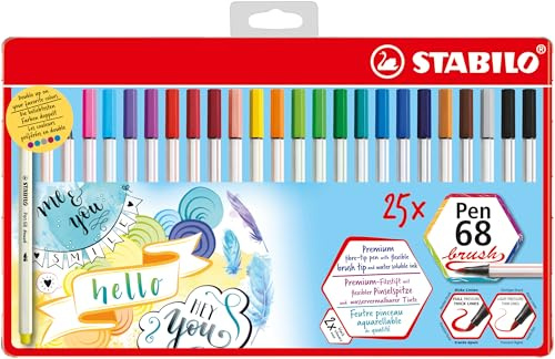 Premium fiberpenna - STABILO Pen 68 brush etui med 25 pennor i 19 olika färger, hängande version