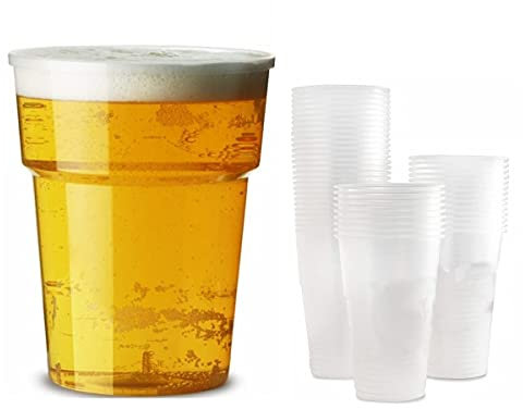 Earth and Wear (x 100) Plastic Pint Glass 568ml CE Marked Cups are Strong Sturdy and Heavy Duty Great Disposable Glasses for Parties Pack of 100 Set of 100 (100)