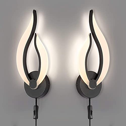 2-Stücke Plug in Wandleuchte mit Stecker und Kabel 10W LED Wandlampe Innen mit Schalter Kreatives Flammen Design Bettseite Wandbeleuchtung für Wohnzimmer Schlafzimmer Flur Kinderzimmer Schwarz,3000k