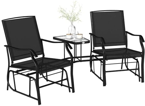 Outsunny Outdoor Double Glider Rocking Chairs with Glass Top Table Black