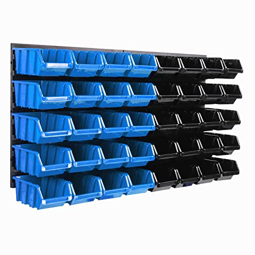 Lagersystem Wandregal 770 x 390 mm | 40 stck. Box | Stapelboxen Schüttenregal Sichtlagerkästen | Extra Starke Wandplatten | Regal Erweiterbar | Werkstattregal Lagerregal Werkstattwandregal Steckregal