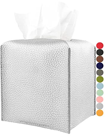 Silberne Taschentuchbox-Abdeckung, quadratisch, mit Bodengürtel von JESMINI, moderne PU-Leder-Taschentücherbox, Halter, dekorativ für Badezimmer, Waschtisch, Arbeitsplatte, Schreibtisch, 5x5x5 cm