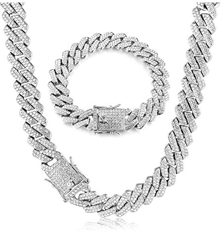 KRFY Iced Out Kette Cuban Link Chain Mens Necklaces 14MM Miami Cuban Link Silver Choker Necklace Bracelets Set 18K Gold Plated Bling Bling Diamond Chain Bracelet Hip Hop Jewelry for Boys 46cm