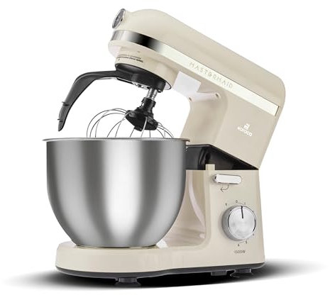 Karaca Mastermaid Chef Pro Cuisine à double bras 1500W Iconic Beige, Brillant, 1500W, 5 L Mixeur, Processeur d'aliments, Réglage de la vitesse, Crochets pétrisseurs, Fouetter, Pétrir et mélanger