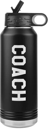JFWcreations Coach Wasserflasche – Geschenk für Trainer – 900 ml isoliert, graviert, Edelstahl, Klappverschluss mit Strohhalm, Schwarz