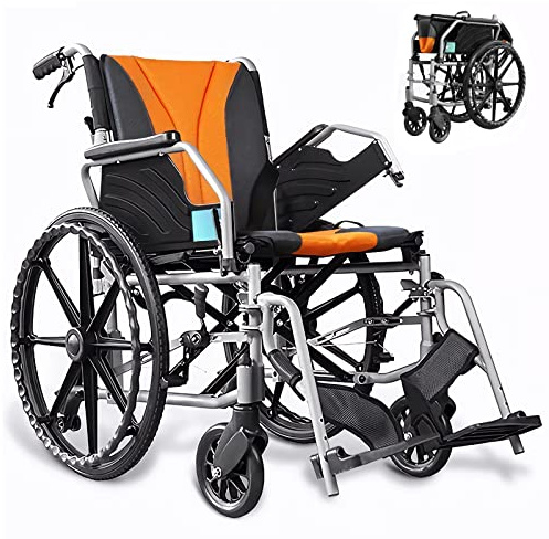 Rollstuhl Faltbar Leicht Reiserollstuhl, Aluminium Rollstühle für die Wohnung und Unterwegs, Abnehmbare Fußstütze, Klappbare Armlehnen, Dämpfung, Sitzbreite 48.8 cm