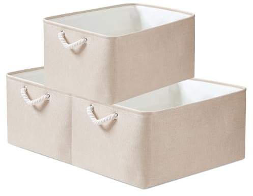 Mangata Stoff Aufbewahrungsboxen, Faltbare Aufbewahrungsbox mit Seilgriffen für Regale, Schrank, Kleiderschrank, 3er-Pack (Elfenbeinfarben, M)