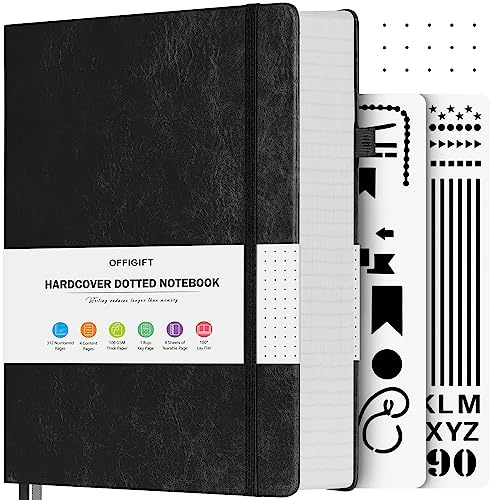 OFFIGIFT Bullet Dotted Journal Notebook, 312 Numbered Pages A5 Hardcover Leather Journal, 100gsm No Bleed Paper Dot Grid Notebook with Index Pages, Dot Journal for Women Men, 5.75 x 8.38, Black