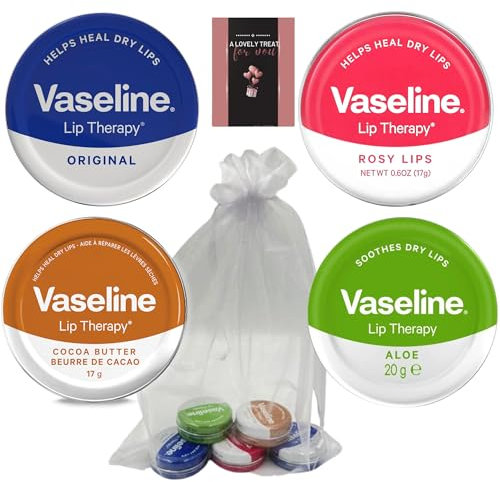 Vaseline Lip Balm Multipack Include Rosy, Original, Cocoa & Aloe Lip Balm With Jolafunbs Cute Pouch & Lovely Gift Cards