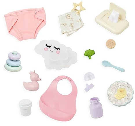 LullaBaby LBY7635Z matnings- och skötset – för 36 cm blöja, haklapp mat – baby docktillbehör – leksaker för barn från 2 år – dockor porslinsset, multi