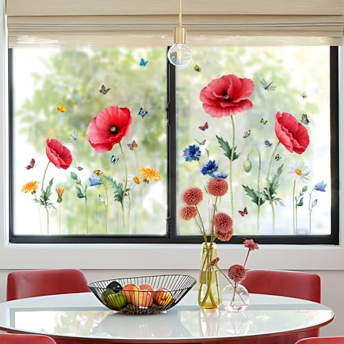 Tanlaby Blume Rot Fensterbilder Blumen Fensteraufkleber Sommer Frühling Selbstklebend Bunte Fenstersticker Doppelseitige Statische Anti-Kollision Fenster Glastüren Fensterdeko
