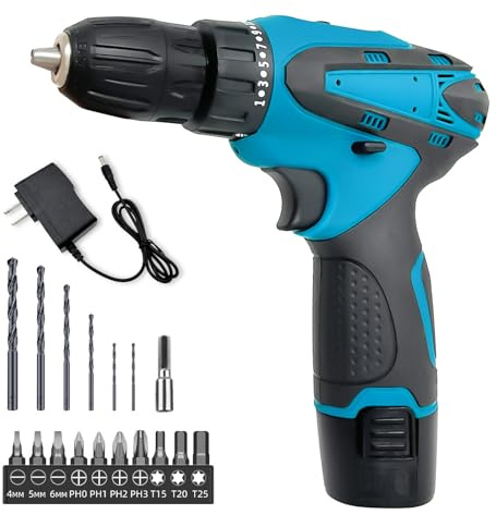 TEETOK 12V Electric Screwdriver, Cordless Drill Driver, 2 Speed, Small Hand Drills with LED Light, Included a Charger, 1 x 1500mAh Battery, and 12pc Accessories for Home Office DIY