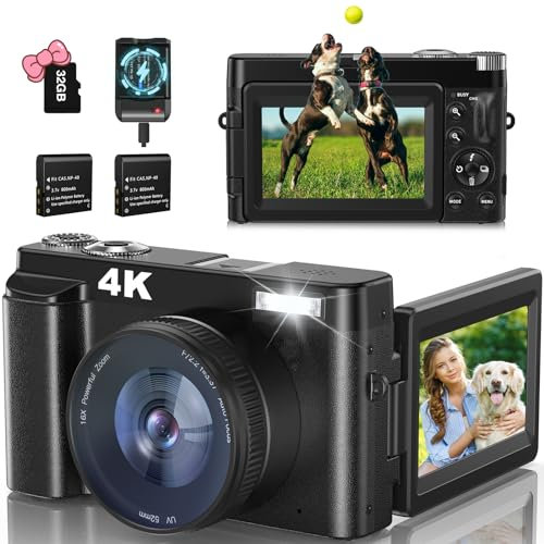 4K Appareil Photo Numérique 32G Carte 48MP Caméra Numérique Compacte avec Chargeur Caméra Selfie 3 180° Flip Ecran Eclair 16X Zoom Digital Caméra Portable pour Débutants (Noir)