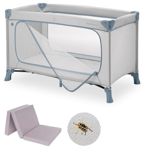 hauck Dream n Play Plus Set de Cuna de Viaje Bebe con Colchon y Mosquitera | Parque Infantil - Desde el Nacimiento con Bolsa - 120x60 cm - Dusty Blue