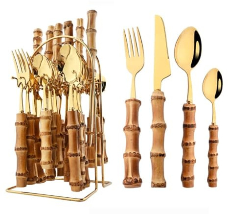 Royal Shang Youpin Véritable Manche en Bambou Cuisine en Acier Inoxydable Argenterie Vaisselle Couverts Couverts Couteaux Fourchettes Cuillères Ensemble Maison (Or,24 pièces/Range-Couverts)