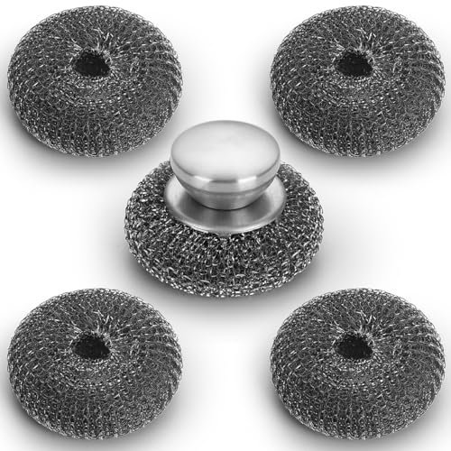 Kyraton Spazzole In Acciaio Inox Con Manico Set Di 5, Spugna Piatti, Lana Metallica Grande 10 x 10 cm Comoda Da Tenere In Mano E Resistente E Forte.