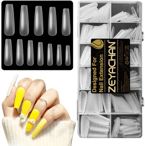 ZEYACHAN 288 Pièces Faux Ongles Naturel avec Ligne Auxiliaire, Matte Full Cover Nail Tips, 12 Tailles Capsule Americaine Ongle Ballerine-Long, PMMA Longue Capsules Ongles for DIY Nail Art & Salon