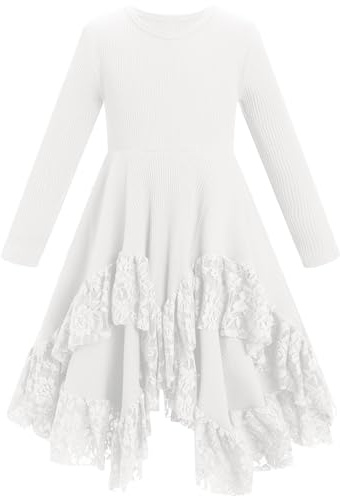 IBAKOM Niños Niñas Manga Larga Acanalado Punto Encaje Vestido Vestido Asimétrico Pañuelo Vestido de Dobladillo Otoño Invierno Vestido Casual, blanco, 5-6 Años