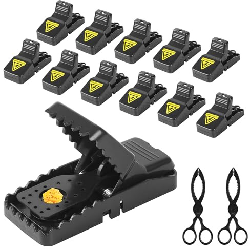 Mausefalle, 12er Set Wiederverwendbar Mäusefalle Schlagfalle Rattenfalle mit 2 Klammern,Wiederverwendbar Mouse Trap Profi in Haus und Garten für Drinnen & Draußen Schwarz
