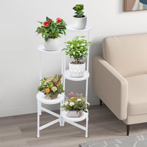 WindWilder Metall Blumentopfständer 5 Etagen, Pflanzenständer mit 19.7cm Fächer bis 9kg/20 lbs, Pflanzenregal Pflanzentreppen für Zimmerecke, Wohnzimmer, Balkon, Terrasse (Weiß, 5 Etagen)