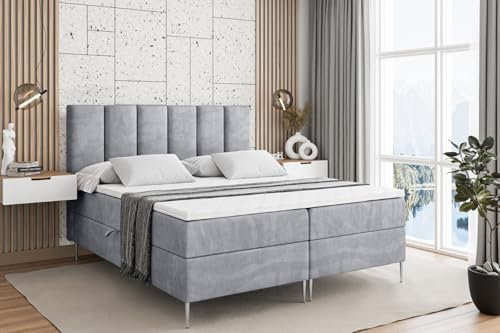 ALTDECOR Boxspringbett mit Silber Füßen, Matratze und Lattenrost, Boxbett, Topper, Polsterbett mit Bettkasten, Bett mit Stauraum H3-Matratze, Doppelbett - BOXI1-FS- 200x200 - Grau Monolith 84