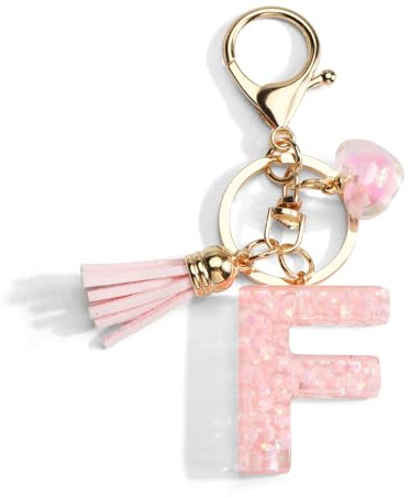 Gallkeat Schlüsselanhänger mit Buchstabe, Initialen Schlüsselanhänger mit Herz Anhänger, Rosa Quaste, Geschenke für Damen, Tasche Handtasche Reisedekoration