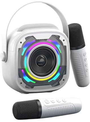 Micrófono de karaoke para niños, mini altavoz portátil Bluetooth para karaoke con 2 micrófonos inalámbricos y luz para fiestas familiares en casa