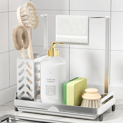 Kitsure Spülbecken Organizer Edelstahl Multifunktional, Medium, Silber | Bürste, Handtuch, Schwammhalter, Abnehmbare Abtropfschale, Rutschfeste Füße, Werkzeugfreie Montage