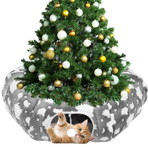 Tivray Weihnachts-Katzentunnel für Wohnungskatzen, 90 cm Plüsch-Tunnelbett Weihnachtsbaum Rock mit Spielball & Rundkissen, Interaktive Peekaboo-Höhle, Grau & Wolken