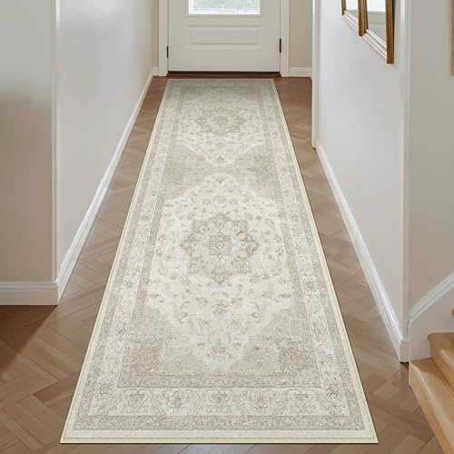 PureCozy Vintage Washable Beige Hallway Runner Rug 60x180cm Hall Runner Long Area Rugs Non Slip Soft Carpet Kitchen Bedroom Bedside Dining Room Office Indoor Low Pile Carpets