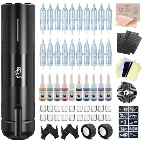 Biomaser Set di macchine wireless per macchine senza fili, 1800 mAh, batteria rotativa con 20 aghi 10 pezzi di bendaggio per la pelle per principianti e artisti (5006-RCA)
