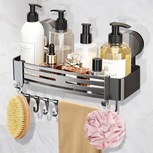 SupRovare Saugnapf-Duschablage ohne Bohren - Duschregal mit 4 Haken, 32 cm Länge, 10 kg Tragfähigkeit - Rostfreie Shampoo-Halterung für Dusche, Badezimmerregal platzsparend