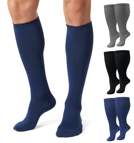 3 Paar Kompressionsstrümpfe Dicke Waden für Damen Herren - Übergröße Kompressionssocken Männer Medizinische Stützstrümpfe Thrombosestrümpfe Flug Socken, Steigerung der Ausdauer, Wandern (3XL)