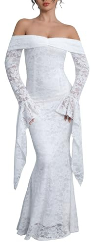 Women Off The Shoulder Floral Lace Maxi Wedding Dress White Long Bell Sleeve Mermaid Gown for Formal Party Evening Banquet