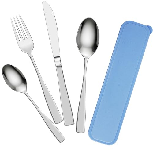 Camping Besteck, 4 Stück Edelstahl Reisebesteck mit Etui, mit Löffel Gabel Steakmesser, Spülmaschinenfest, Camping Geschirr 1 Person, Besteckset für Outdoor Reise Wandern Arbeit Schule