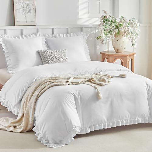Lekesky Rüschen Bettwäsche 135x200 2teilig + 1 Kissen 80x80, Weiß | 1 Bettbezug 135x200, 1 Kissenbezüge 80x80 mit Reißverschluss, Bedding mit Reißverschluss, Mikrofaser Maschinenwaschbar
