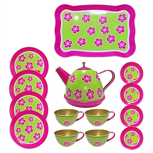 Juego de fiesta de té para niños, juego de simulación, cocina, postre, galletas, tetera, bandeja, juguetes de flores de metal para niñas pequeñas