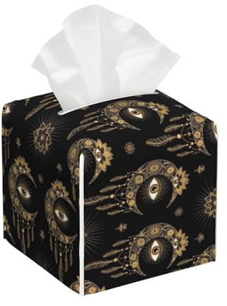 VAFZASC Tissue Box Cover Square Tissue Box Holder Mandala Boho Eyes Crescent Moon Sun Dream Catcher for Tabletop Night Stands Bathroom Office, Decorative Facial Cube Cover