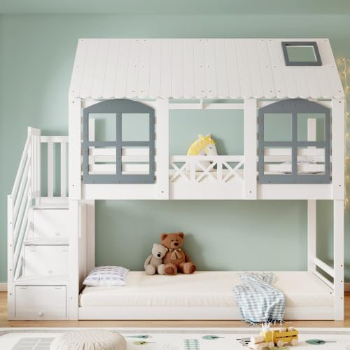 LANTRO JS Etagenbett 90x200 Baumhaus Bett Kinder mit Dach und Fenster | Hausbett mit Fallschutzgitter und 3 Schließfächer, Weiß und Grau