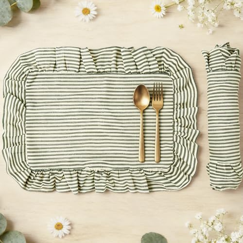 Whaline Vintage Green Cotton Placemats with Ruffle Stripe Kitchen Place Mats for Birthday Party Home Dining Table Decor, Set of 6, 14.5 x 19.7 in