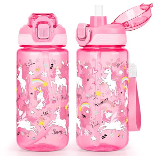 wooshwa Kids Water Bottle for School, 600ml with a Pop-up Detachbale Straw | 2-in-1 Water Bottle for Girls and Boys, Pop-up Detachable Straw, Dishwasher Safe (Unicorn)