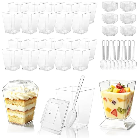 50 Pièces Gobelets à Dessert Carrées 5OZ/160ML Tasses à Dessert Transparents Coupes avec Couvercle et Cuillères Verrine Plastique Aperitif Réutilisables pour Crème Glacée Tiramisu Pudding Mousse Party