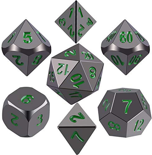 SIQUK 7 Stück Würfel Metall Polyhedral Würfel Set, Glänzend Schwarz Lackiert und Dunkelgrüne Zahlen Zink-Legierung Würfel mit Metallgehäuse für Dungeons und Dragons RPG Dice Gaming